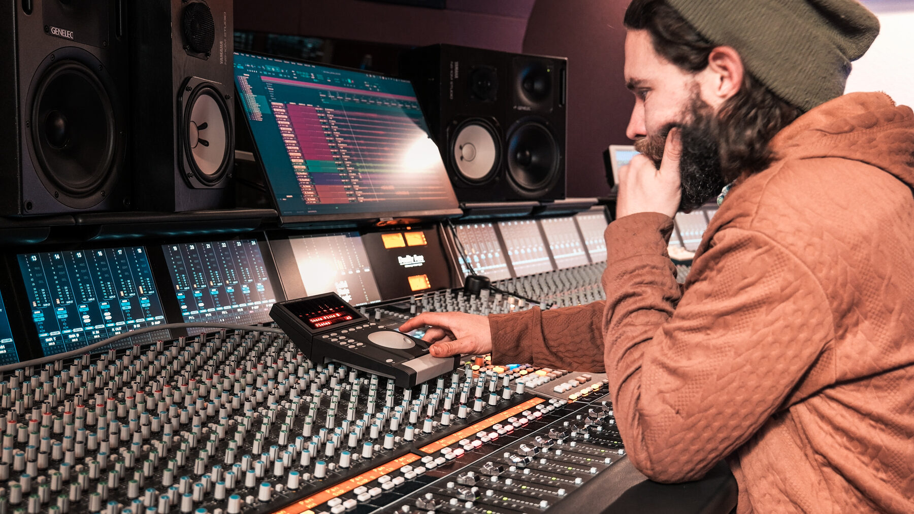 Josh at the console in the big studio at Mansion Sound
