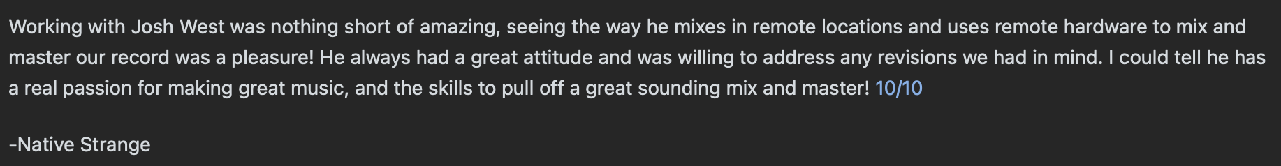 Ten out of ten review from Native Strange on their mix and master