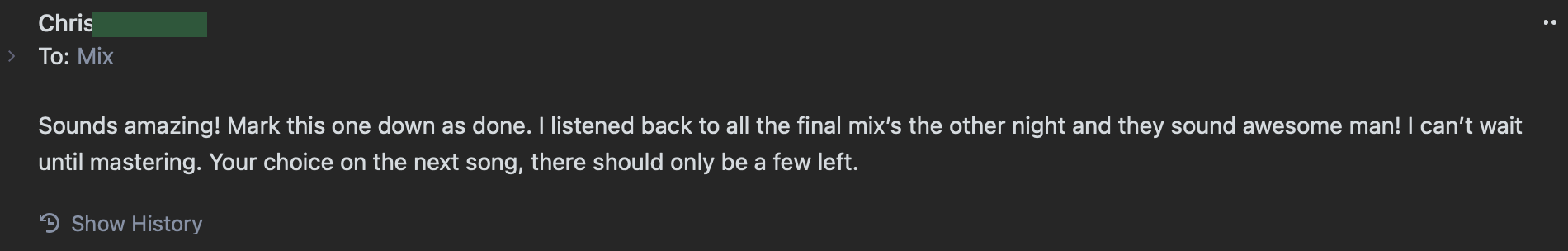 Client email saying the final mixes sound awesome